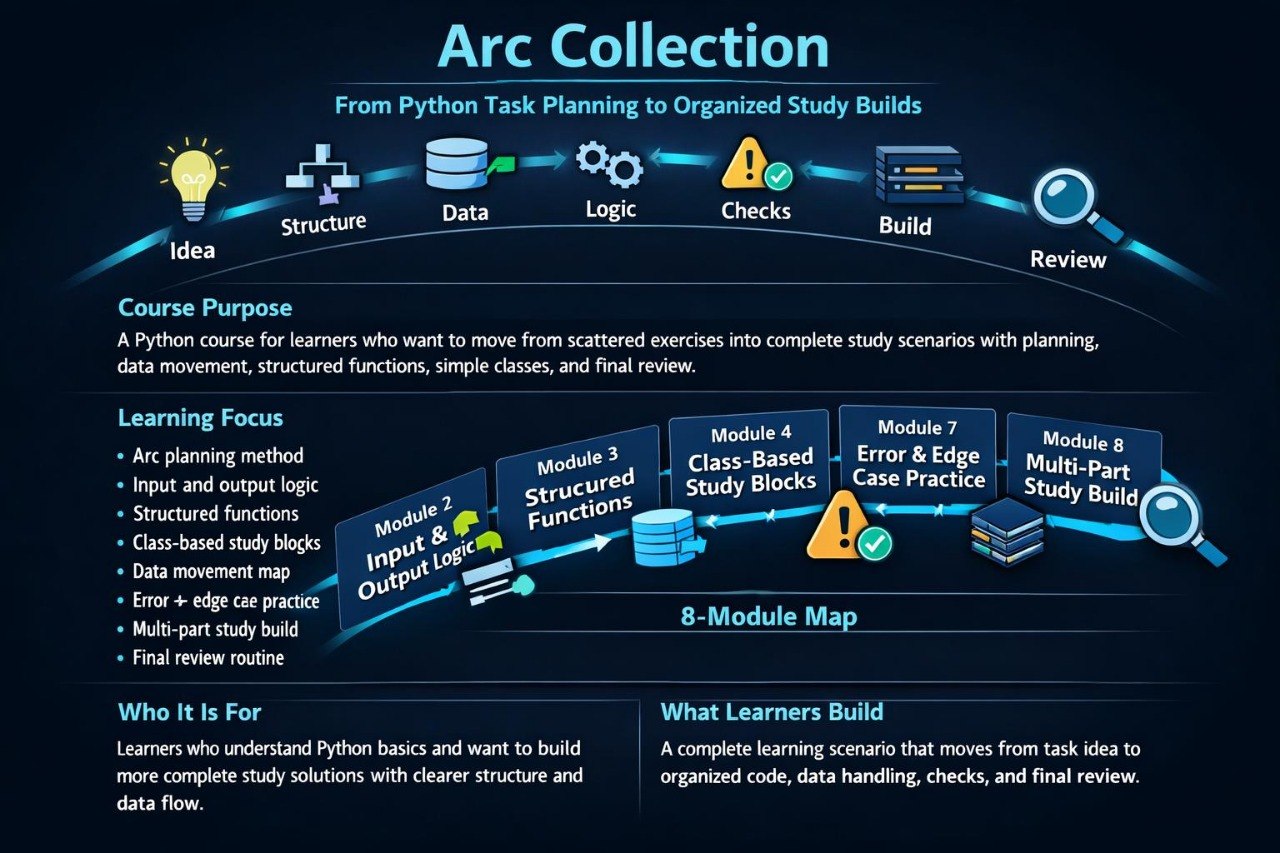 Arc Collection course structure diagram with modules and learning focus on a dark background
