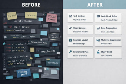 Comparison of messy code on the left with organized steps on the right, labeled 'Before' and 'After'.