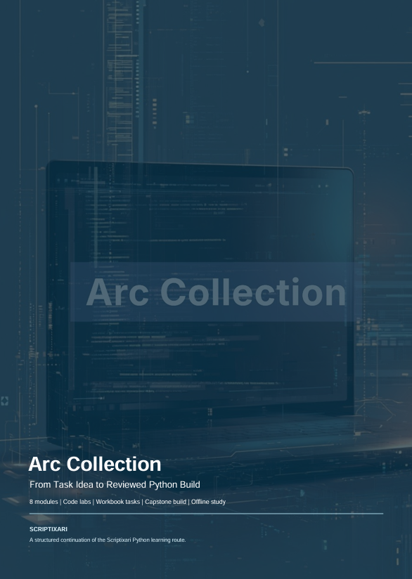 A dark blue book or guide cover featuring a laptop with code on screen and the title 'Arc Collection' in large white text. Smaller text reads 'From Task idea to Reviewed Python Build' and includes 'SCRIPTSABRI' at the bottom.