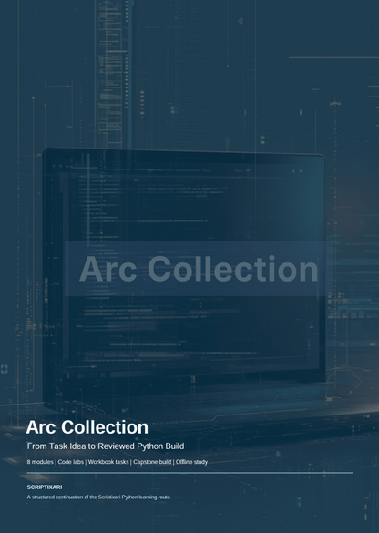 A dark blue book or guide cover featuring a laptop with code on screen and the title 'Arc Collection' in large white text. Smaller text reads 'From Task idea to Reviewed Python Build' and includes 'SCRIPTSABRI' at the bottom.