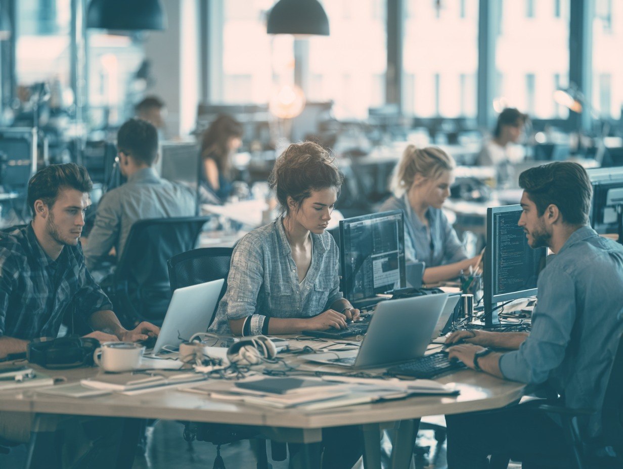 People working at computers in a busy office setting
