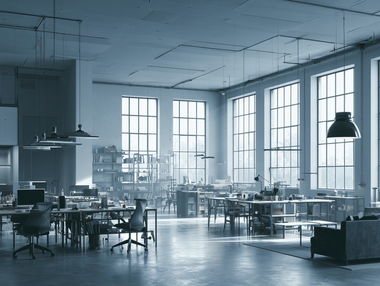 Modern office space with large windows and desks.