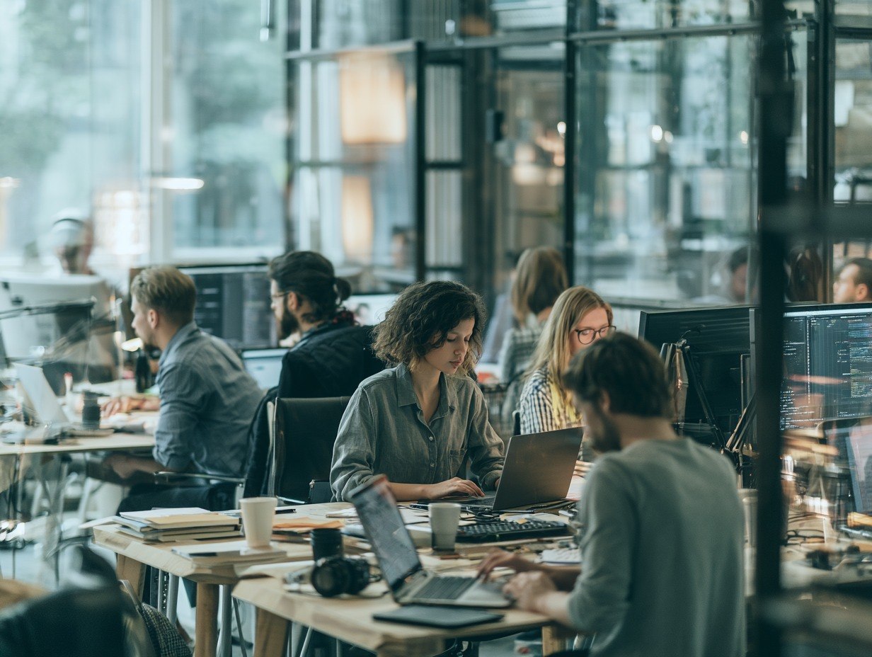 People working at desks with computers in a modern office setting