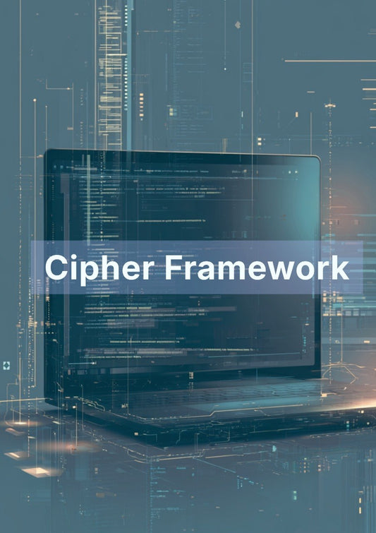 Laptop with code on screen against a digital background, featuring the text 'Cipher Framework'.