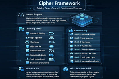 Cipher Framework course structure with modules and learning focus on a dark background