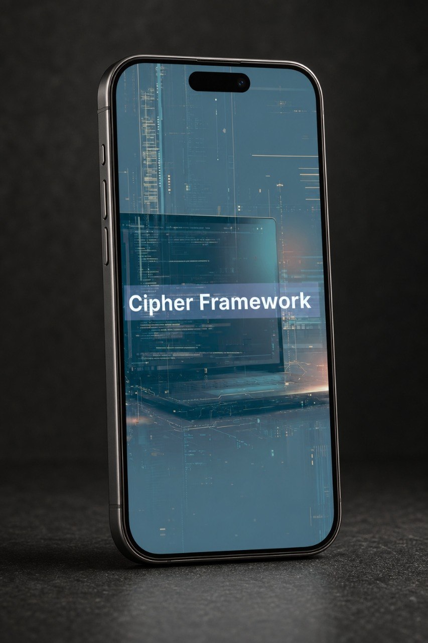 Smartphone displaying 'Cipher Framework' on a dark background