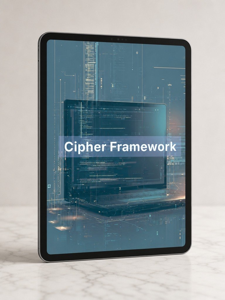 Tablet displaying 'Cipher Framework' on a digital interface with code and data.