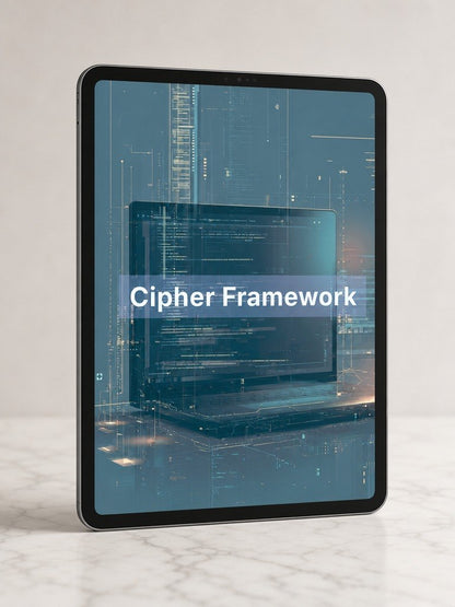 Tablet displaying 'Cipher Framework' on a digital interface with code and data.
