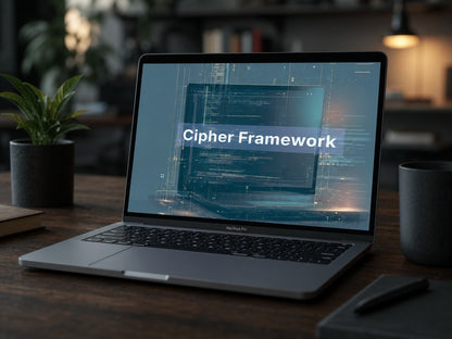 Laptop on a desk with 'Cipher Framework' displayed on the screen
