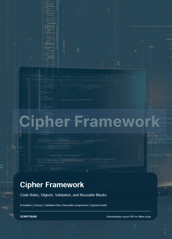 Digital cover for a course or study guide titled 'Cipher Framework' with a dark blue tech-style background, a laptop showing code, and white text. The Scriptari brand name appears at the bottom left.