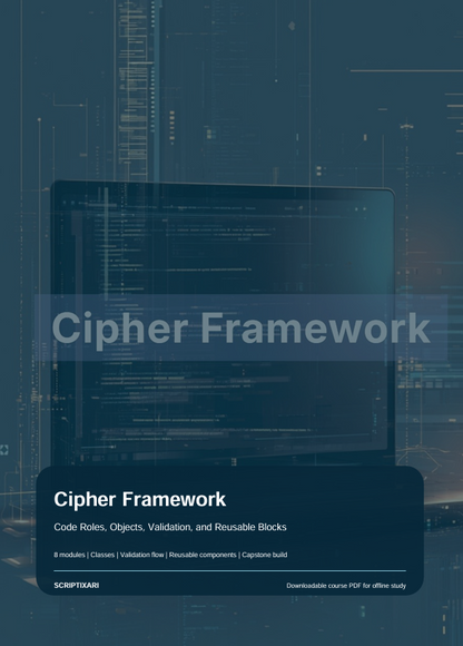 Digital cover for a course or study guide titled 'Cipher Framework' with a dark blue tech-style background, a laptop showing code, and white text. The Scriptari brand name appears at the bottom left.