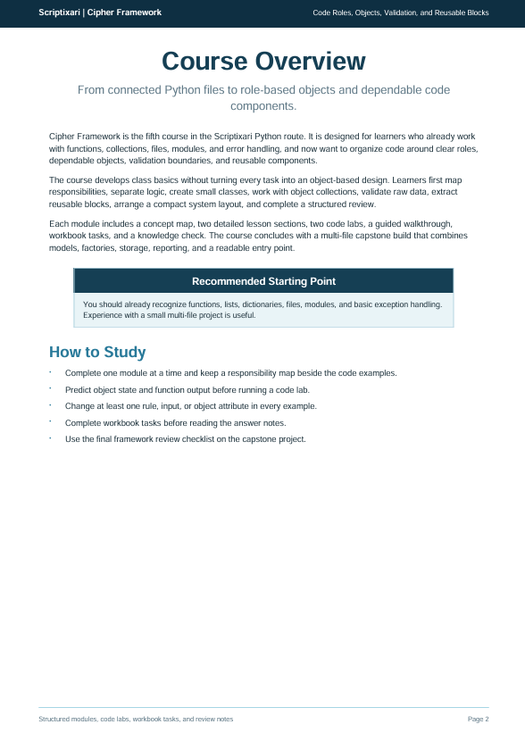 A digital document page titled 'Course Overview' from 'Cipher Framework' explaining Python file-based objects and codeable components, with text sections and a recommended starting point highlighted.