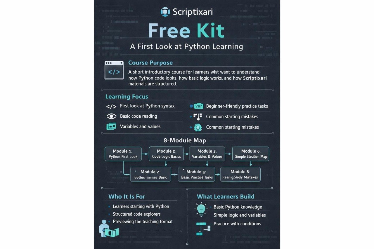 Promotional graphic for Scriptxari Free Kit on Python learning with text and icons.
