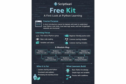 Promotional graphic for Scriptxari Free Kit on Python learning with text and icons.