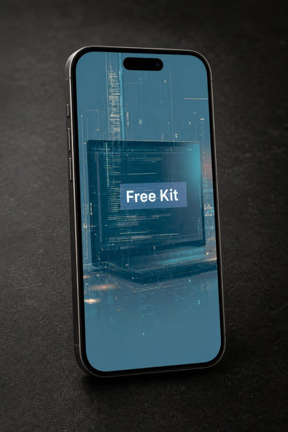 Smartphone with a blue screen displaying 'Free Kit' on a dark textured background