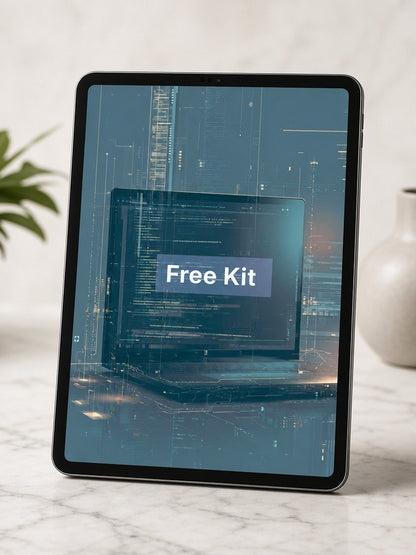 Tablet displaying a 'Free Kit' offer on a marble surface with a plant in the background