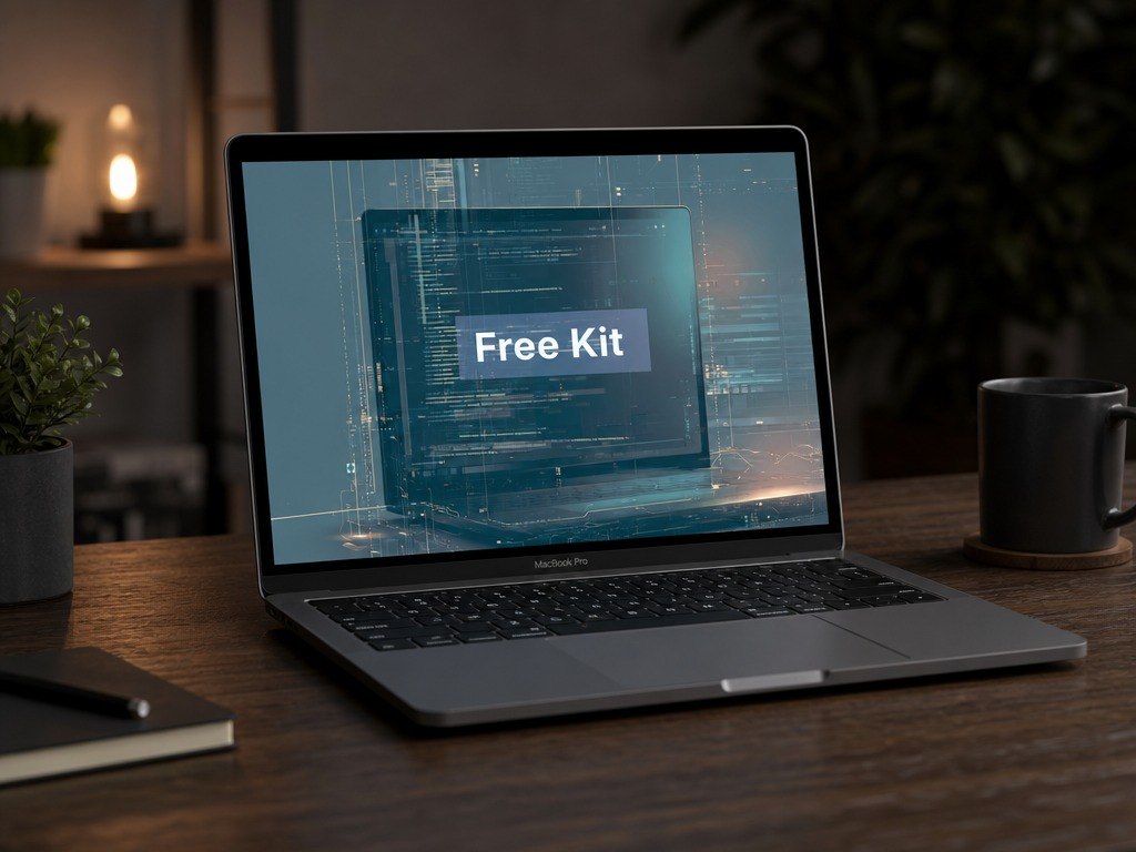 Laptop on a desk with 'Free Kit' displayed on the screen, surrounded by a cozy room setting.