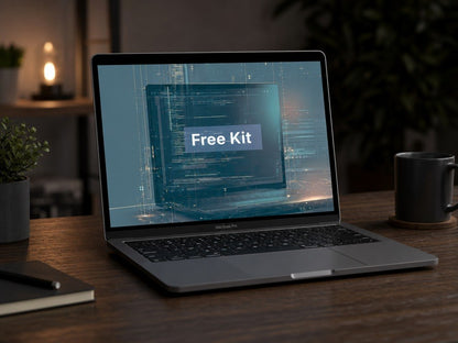 Laptop on a desk with 'Free Kit' displayed on the screen, surrounded by a cozy room setting.