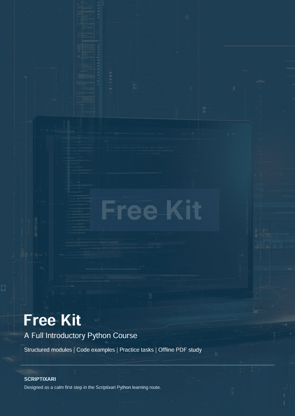 Promotional graphic for a free introductory Python course kit, featuring a dark blue laptop screen with code and the words 'Free Kit' on a matching blue background with faint circuit-like lines.