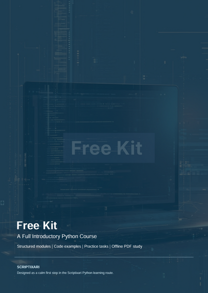 Promotional graphic for a free introductory Python course kit, featuring a dark blue laptop screen with code and the words 'Free Kit' on a matching blue background with faint circuit-like lines.
