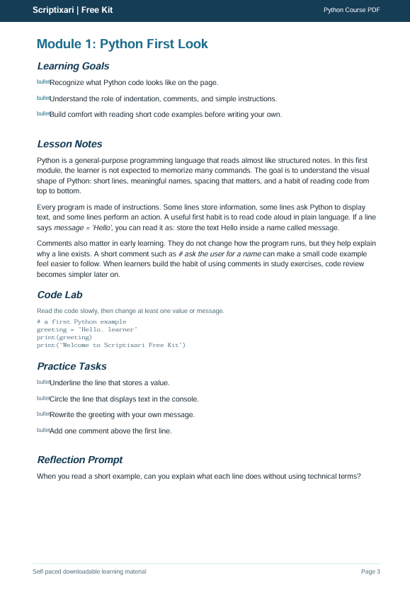 A digital preview page of a Python course document titled 'Module 1: Python First Look' with lesson notes, code lab, practice tasks, and reflection prompts on a white page with blue text.