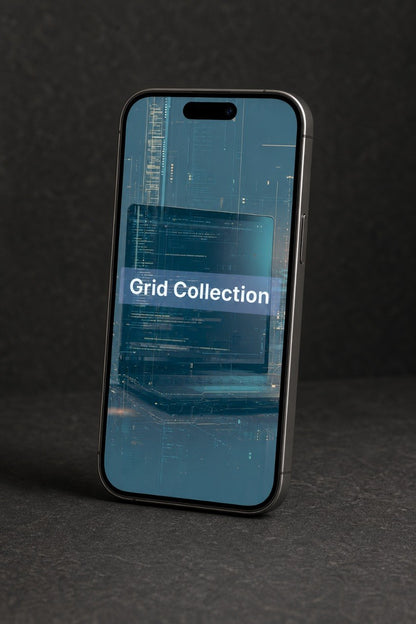 Smartphone with 'Grid Collection' on screen against a dark background