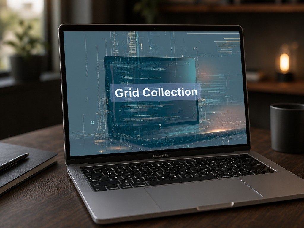 Laptop on a desk with a screen displaying 'Grid Collection' on a blue background