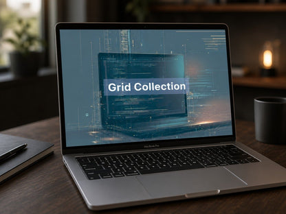 Laptop on a desk with a screen displaying 'Grid Collection' on a blue background
