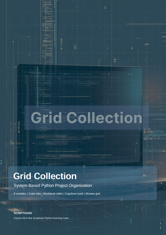 Digital cover for 'Grid Collection' by Scriptiari, featuring a dark blue and gray tech-themed background with a laptop displaying code and white text overlays.