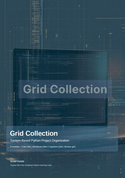 Digital cover for 'Grid Collection' by Scriptiari, featuring a dark blue and gray tech-themed background with a laptop displaying code and white text overlays.