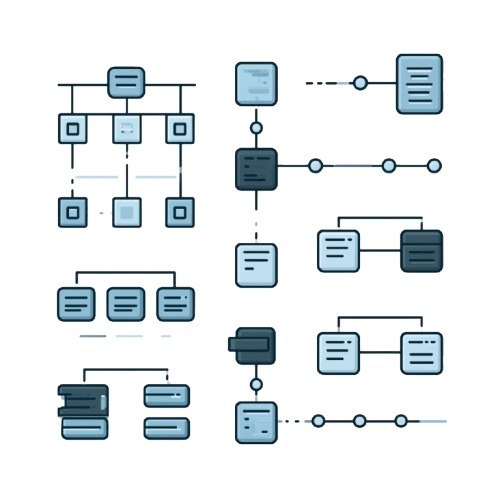 Illustration of a network or system diagram with various nodes and connections on a white background.