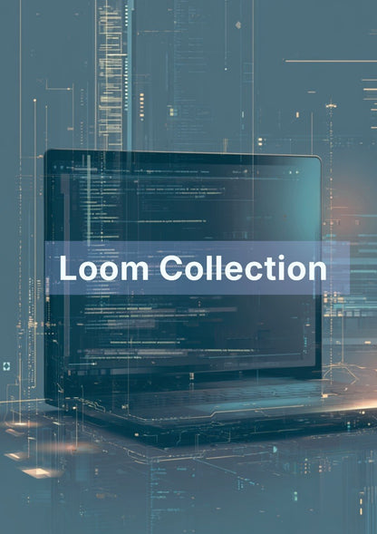 Laptop with code on screen against a digital background, featuring 'Loom Collection' text.