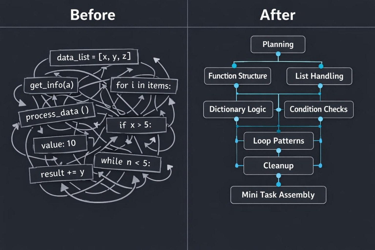Comparison of code structure before and after refactoring on a dark background