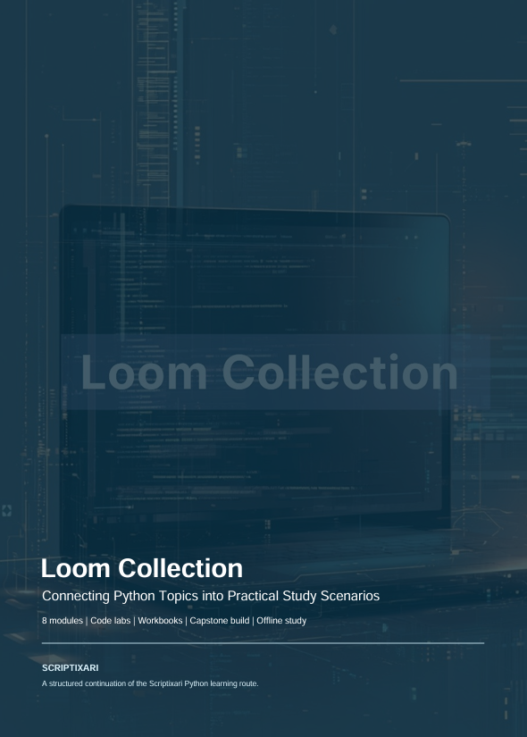 A dark blue book or booklet cover reading 'Loom Collection' with smaller text about connecting Python topics into practical study scenarios, shown against a tech-style digital background.