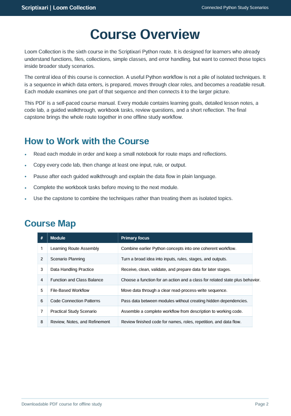 A digital preview page of a 'Course Overview' document for 'Loom Collection' Python course study guides, featuring structured text sections on a white background with black and blue text.