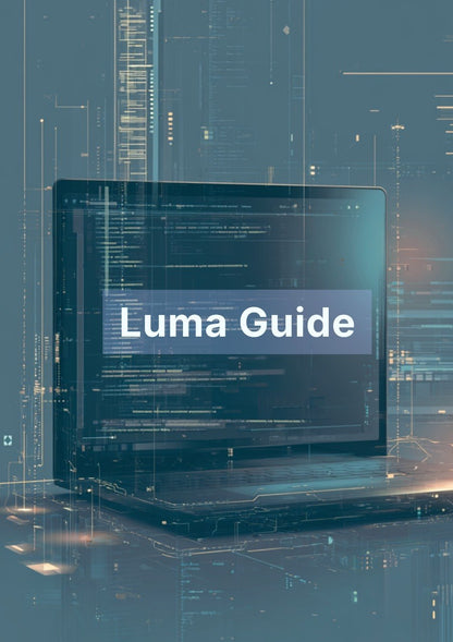 Luma Guide book with a digital background featuring code and data.