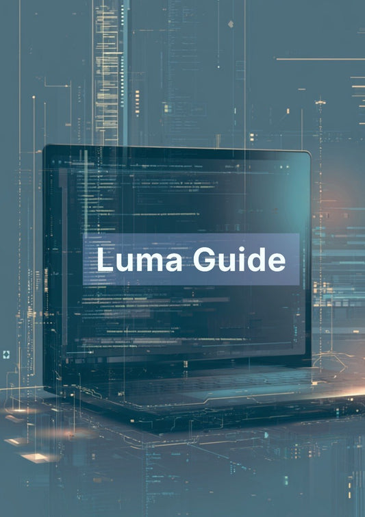 Luma Guide book with a digital background featuring code and data.