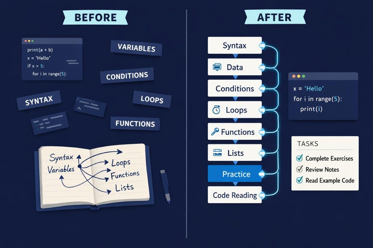 Comparison of programming concepts before and after a learning process, with text and icons on a dark blue background.