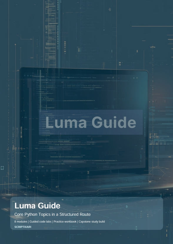 A book or guide cover titled "Luma Guide" with a dark blue tech-style background, a laptop displaying code, and small text reading "Core Python Topics in a Structured Route" and "scrapbooks.".