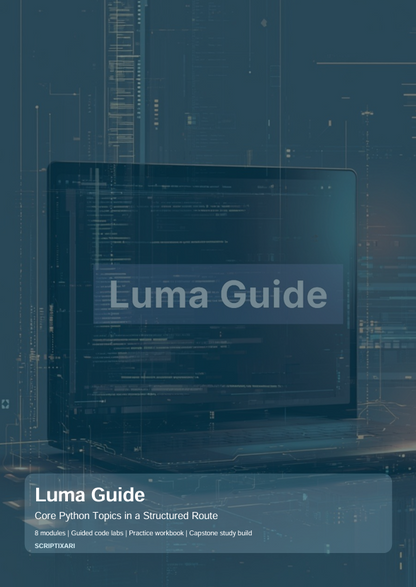 A book or guide cover titled "Luma Guide" with a dark blue tech-style background, a laptop displaying code, and small text reading "Core Python Topics in a Structured Route" and "scrapbooks.".