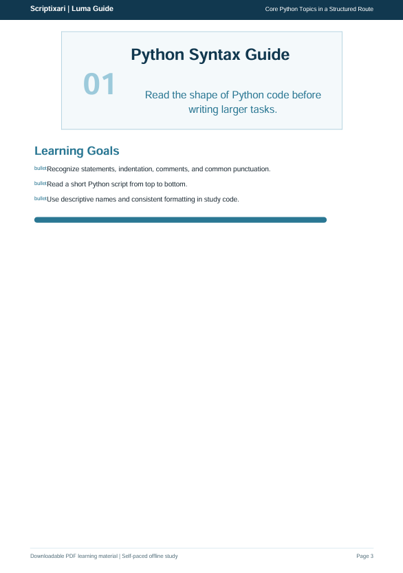 A digital preview page of a 'Python Syntax Guide' from Scriptster | Luma Guide, showing the first lesson with learning goals on a white page with a dark blue header.