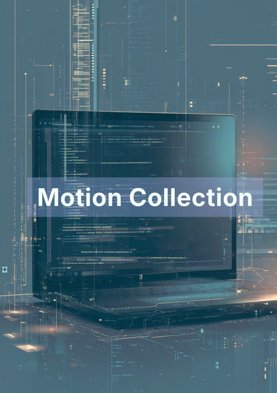 Laptop with code on screen against a digital background with 'Motion Collection' text.