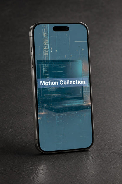Phone case with 'Motion Collection' text on a dark background