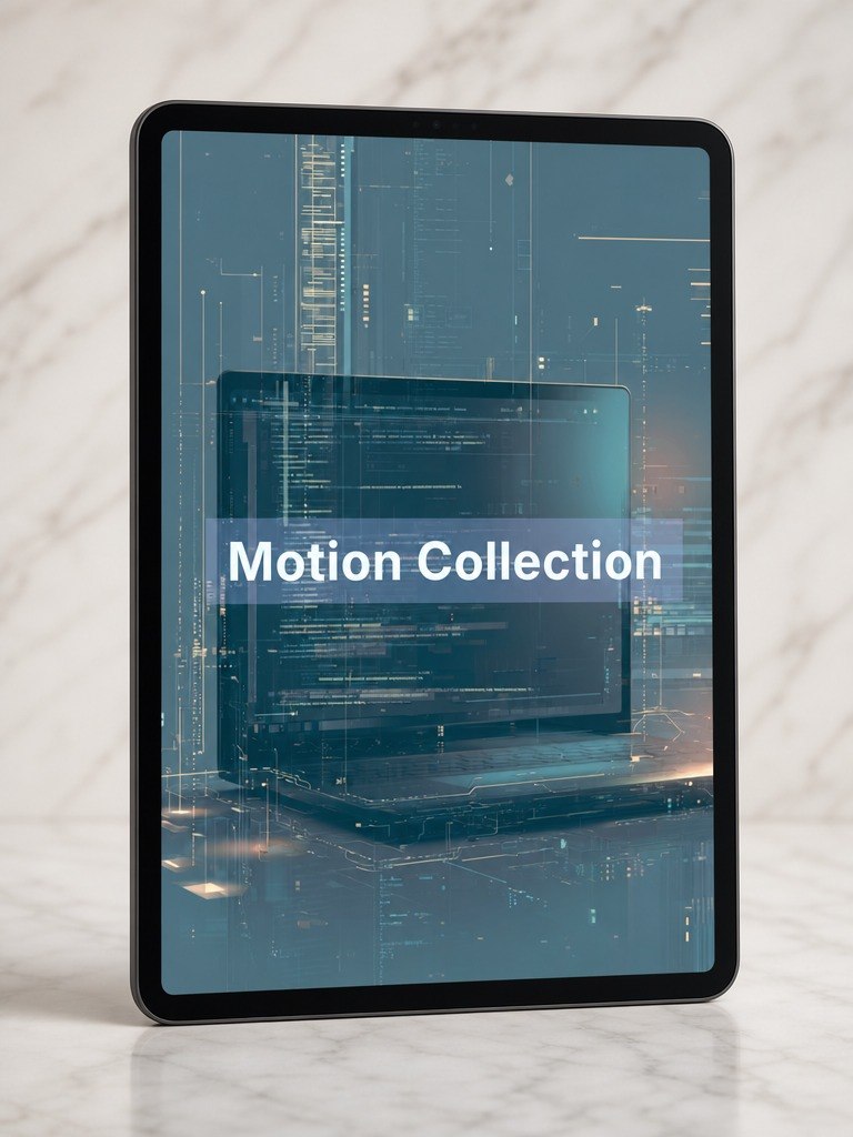 Tablet displaying a digital interface with 'Motion Collection' text on a marble surface