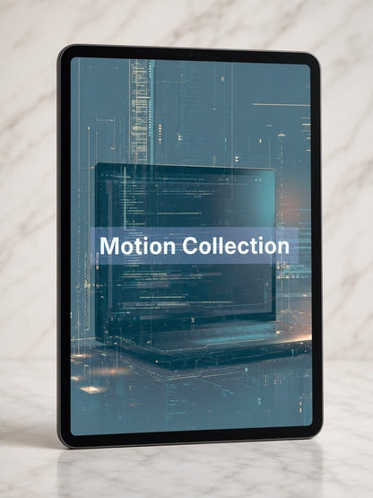Tablet displaying a digital interface with 'Motion Collection' text on a marble surface