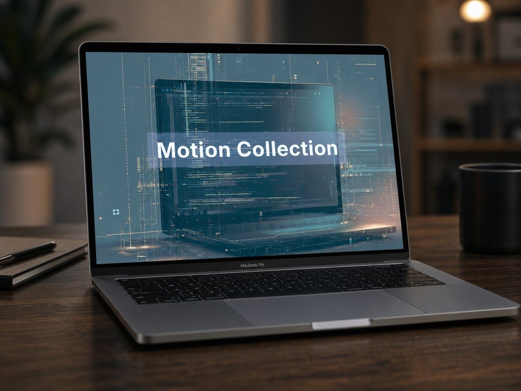 Laptop on a desk with 'Motion Collection' text on the screen