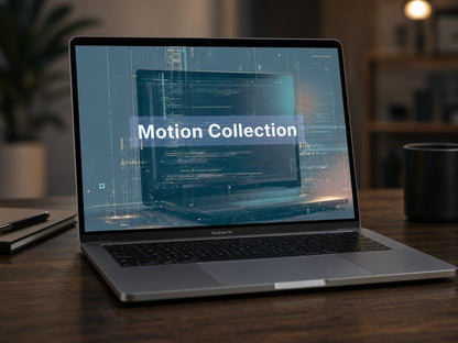 Laptop on a desk with 'Motion Collection' text on the screen