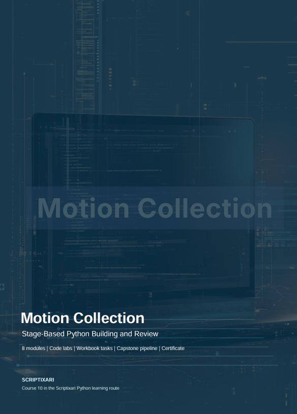 Digital cover for 'Motion Collection' by Scriptixari, featuring a dark blue background with a faint laptop screen displaying code and white text.