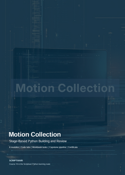 Digital cover for 'Motion Collection' by Scriptixari, featuring a dark blue background with a faint laptop screen displaying code and white text.