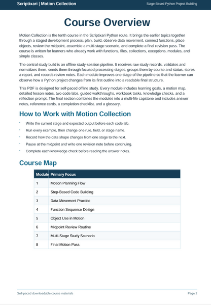 A digital preview page of a Python scripting course document titled 'Scriptor | Motion Collection' showing course overview, how to work with Motion Collection, and a course map table.